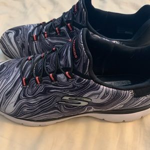 Sketchers Tennis Shoes Black & White Marble print w/Pink accents - Slide On’s